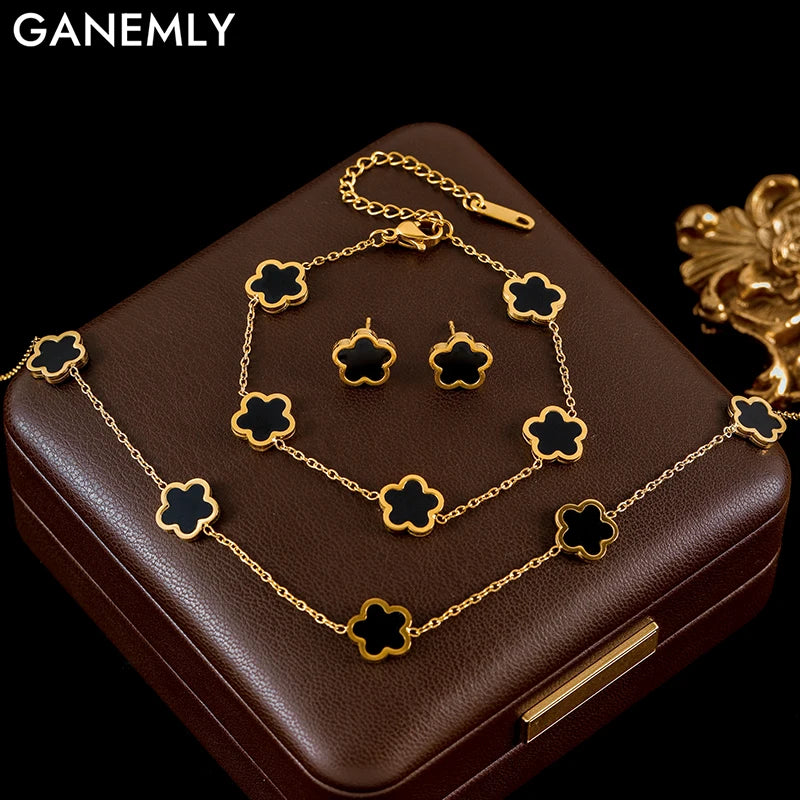 GANEMLY 316L Stainless Steel Black Plum Flower Five Leaf Clover Necklace Bracelet Earrings Jewelry Set For Women Birthday Gift