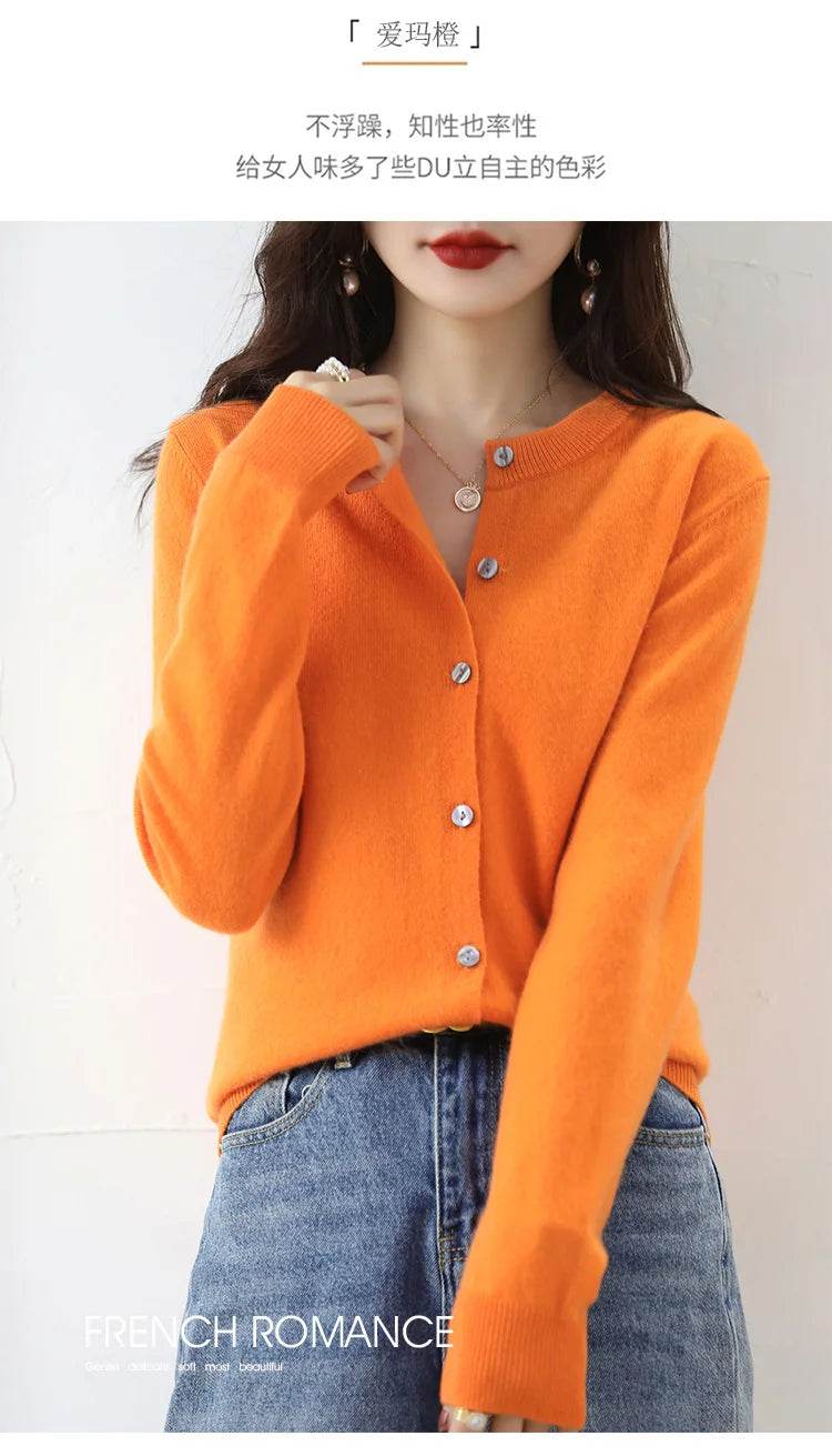 Knitted Cardigan Women's Sweater Autumn And Winter 2022 New Solid Color Coat Round Neck Short Long Sleeve Loose Korean Fashion - AIAZ