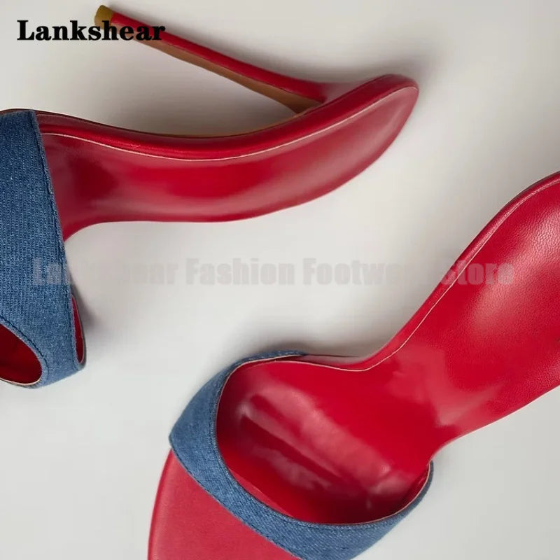 Demin Pointy Toe Stiletto Mules Slippers Sexy Patchwork Red Inside Sandals Elegant Women Shoes Summer Sandalias De Mujer Verano