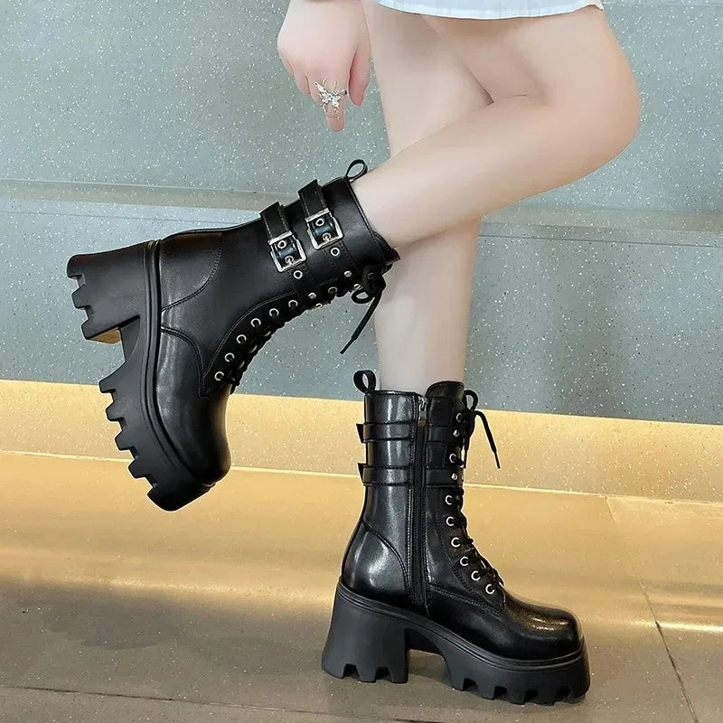 Trend Punk Women's Boots Buckle Platform Boots Mid-calf Gothic Boots for Women Autumn Ladies Motorcycle Boot Pu Leather Shoes