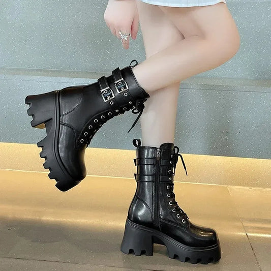 Trend Punk Women's Boots Buckle Platform Boots Mid-calf Gothic Boots for Women Autumn Ladies Motorcycle Boot Pu Leather Shoes