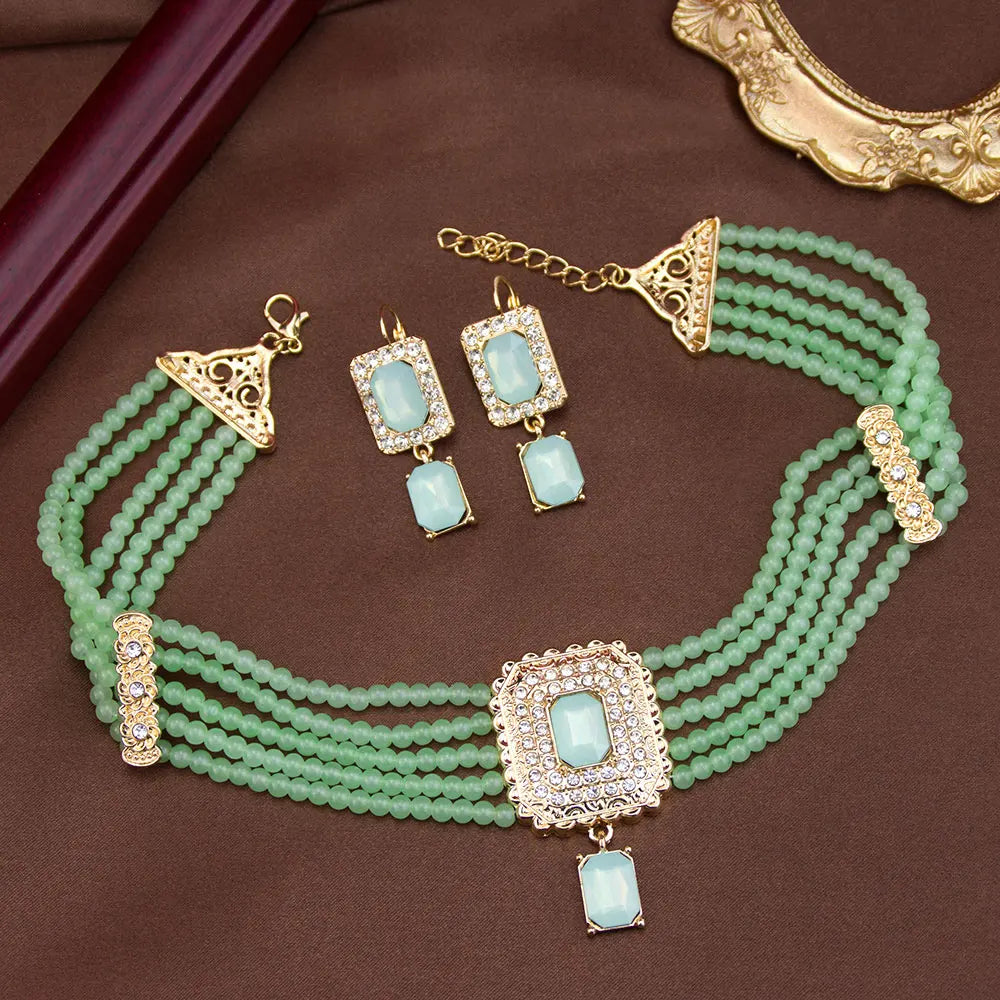 Neovisson Elegent Morocco Jewelry Set Delicate Handmade Beads Necklace Drop Earring Square Crystal Pendant Love Gift