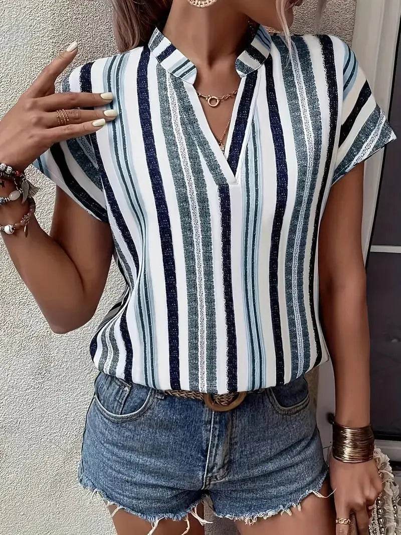 Women's Tops Blouses New 2025 Summer Casual Fashion Striped Print V-neck Short Sleeve Shirt Elegant Women Shirts Tops Streetwear - AIAZ