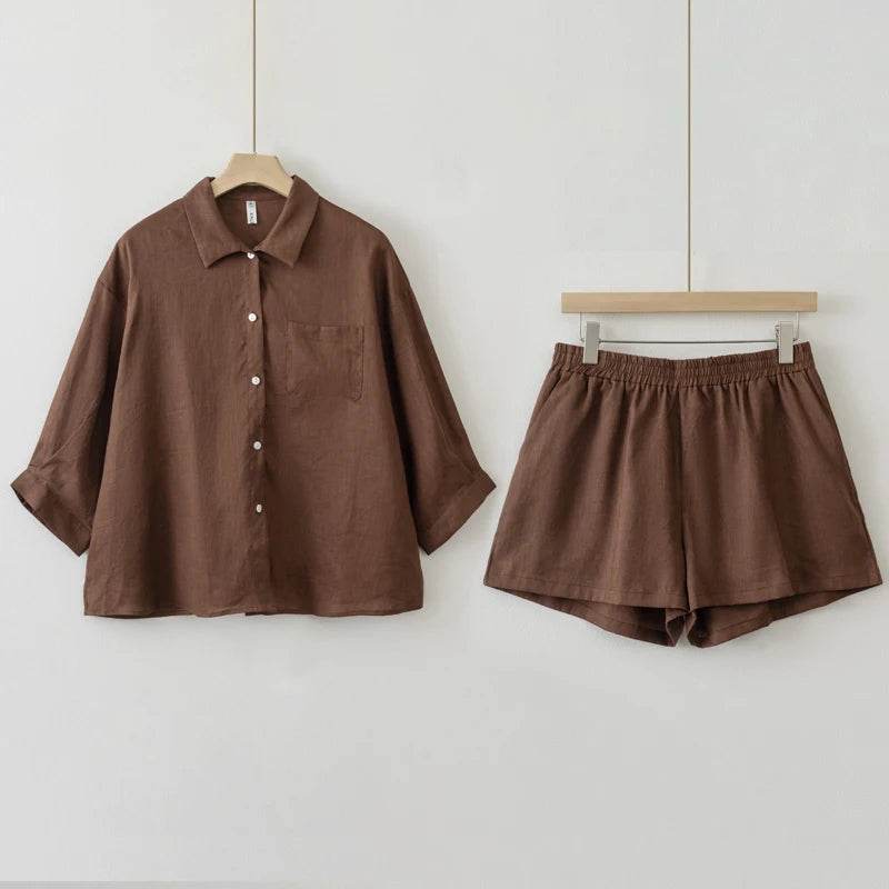 Women 2025 Summer Casual Linen Blouse Shorts Sets - AIAZ