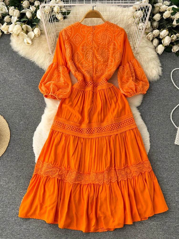 New Women Lantern Sleeved Elegant Dress Summer French Hollowed Out Mid Length Dresses Korean Style Vintage Long Dress - AIAZ