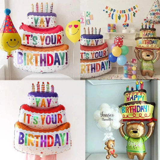 Large Cake Balloons Happy Birthday Cartoon Bear Foil Helium Balloons for Kids Baby Shower Decoration Props Supplies Toys Globos - AIAZ