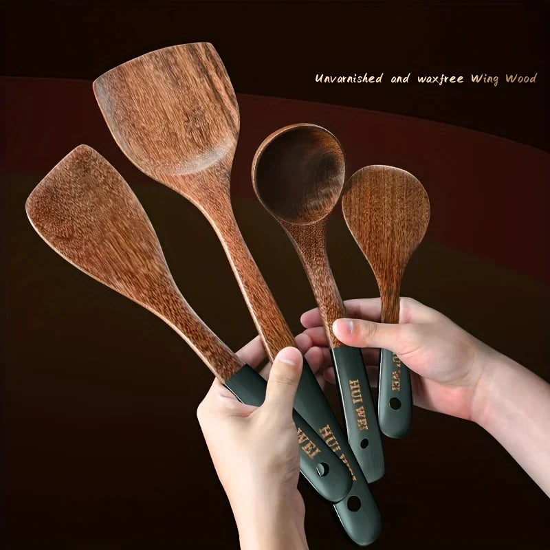A set of wooden kitchen utensils such as spatula, cooking special, household non-stick pan, heat-resistant and durable cookware