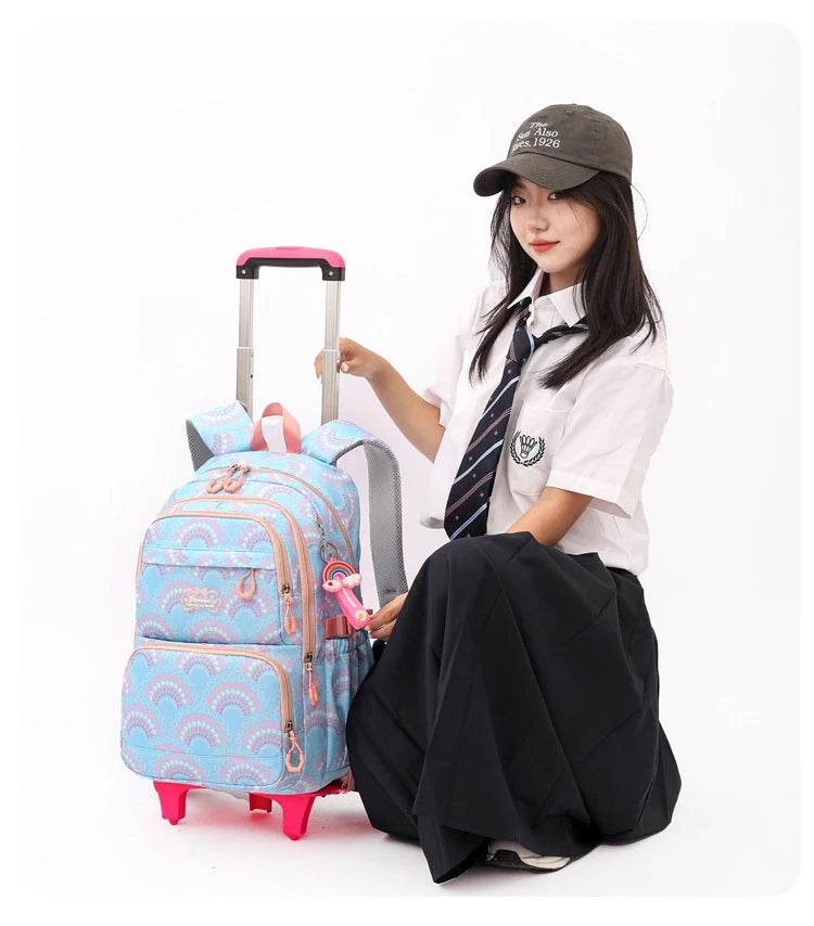 Rolling School Bags for Girls Backpack Children Waterproof School Backpacks with Wheels Middle School Trolley Luggage Back Pack - AIAZ