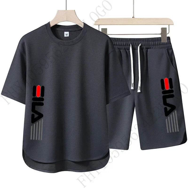 New 2025 summer men's casual round-neck T-shirt and shorts two-piece fashionable printed breathable men's short-sleeved suit - AIAZ