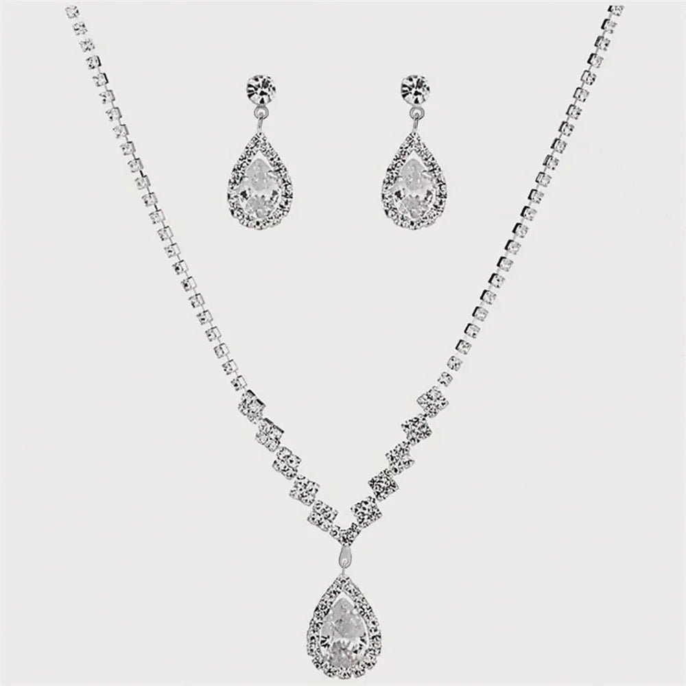 Simple Water Drop Crystal Rhinestone Necklace Earrings Chain For Women Wedding Bride Jewelry Sets Dress Accessories