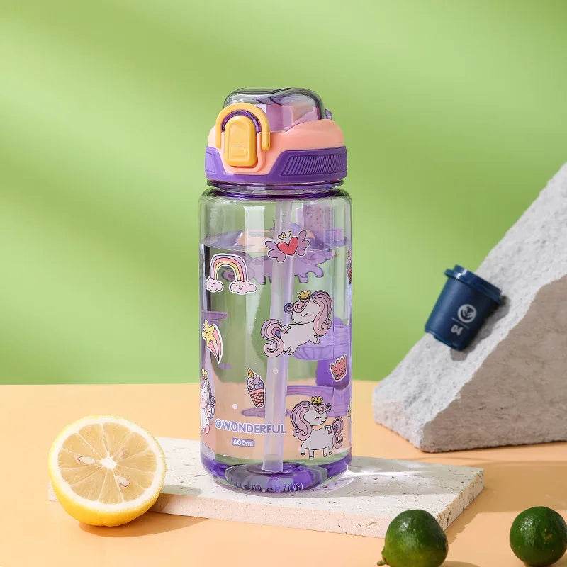 600ml Cartoon Animal Water Bottle Portable Safety Lock Cute Straw Cup Kids Leak-proof Drinking Jug For Outdoor Camping Travel - AIAZ