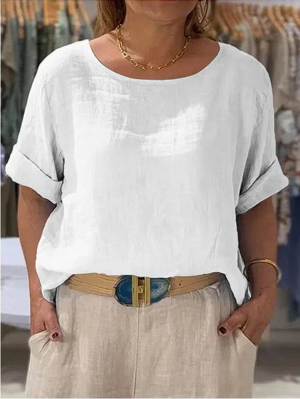 Women's Shirt Summer Fall New Solid Top Fashion Mid-sleeve O-neck Cotton Linen Button-up Casual Loose Shirts For Women Clothing - AIAZ