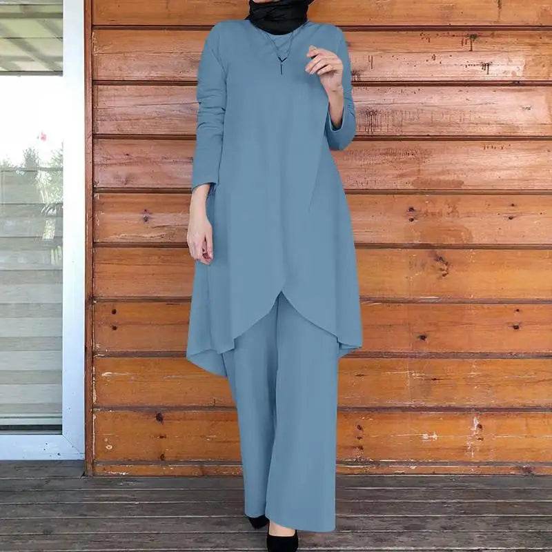 2025 Women's Muslim Sets Fashion Asymmetrical Blouse with Wide Leg Pants Casual Suits Dubai Turkey Matching Sets Ladies Outfits - AIAZ