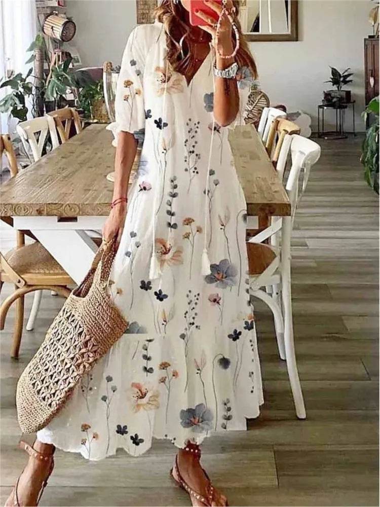 New Women's Spring Summer Dress Sexy V-neck Drawstring Printed Long-sleeved Dress Casual Loose Fashion Elegant Fresh Sweet Dress - AIAZ