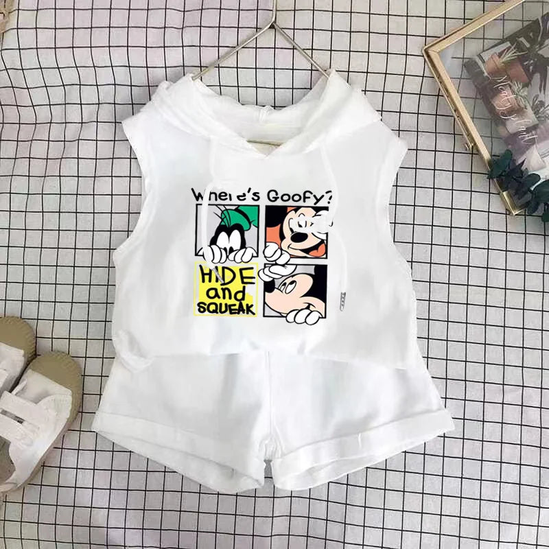Cartoon Mickey T-shirt Vest+Shorts 2Pcs Suit Children's Sets Children's Top and Bottom Clothes Set Clothing Kids Outfits Disney