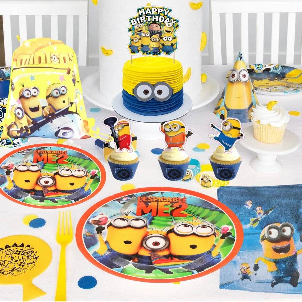 Big Eye Yellow Man Birthday Party Supplies Set - Disposable Tableware Tablecloth Plate Cup Balloon for Boys & Girls Baby Shower - AIAZ