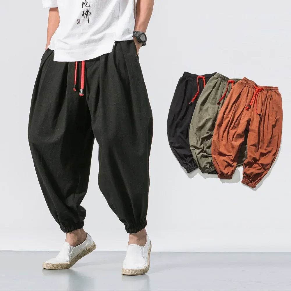 New Trendy Men Harem Pants Loose Oversized Style Cotton and Linen High Quality Jogger Sweatpants Casual Male Trousers - AIAZ