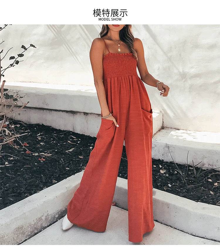 Summer New Suspender Jumpsuit Casual Commuting Women's Clothing Fashion Solid Color Elastic Waist Pocket Wide Leg Jumpsuit - AIAZ