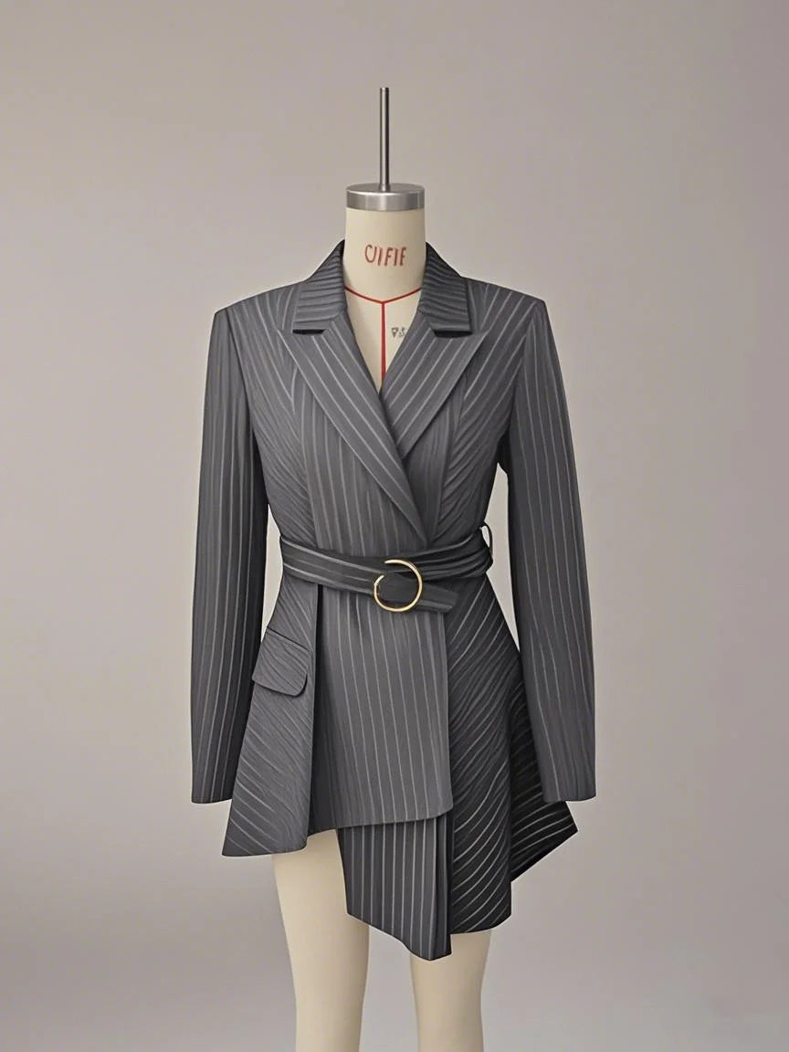 KEYANKETIAN Spring/Autumn New Women's Irregular Design Gray Striped Suit Outerwear Office Lady With Belt Slim Mid-length Coat