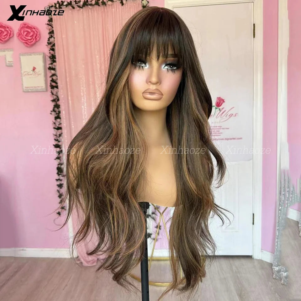 Highlight Brown Blonde Glueless Wig Human Hair With Bangs Bleached Knots 13x6/13x4 Natural Wave Lace Front Wig For Women PreCut