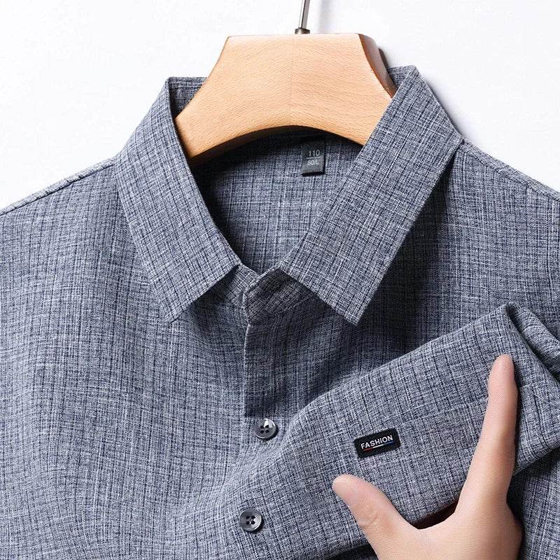 2025 Men's Business Casual Plaid Linen Short Sleeved Shirt Comfortable Top - AIAZ