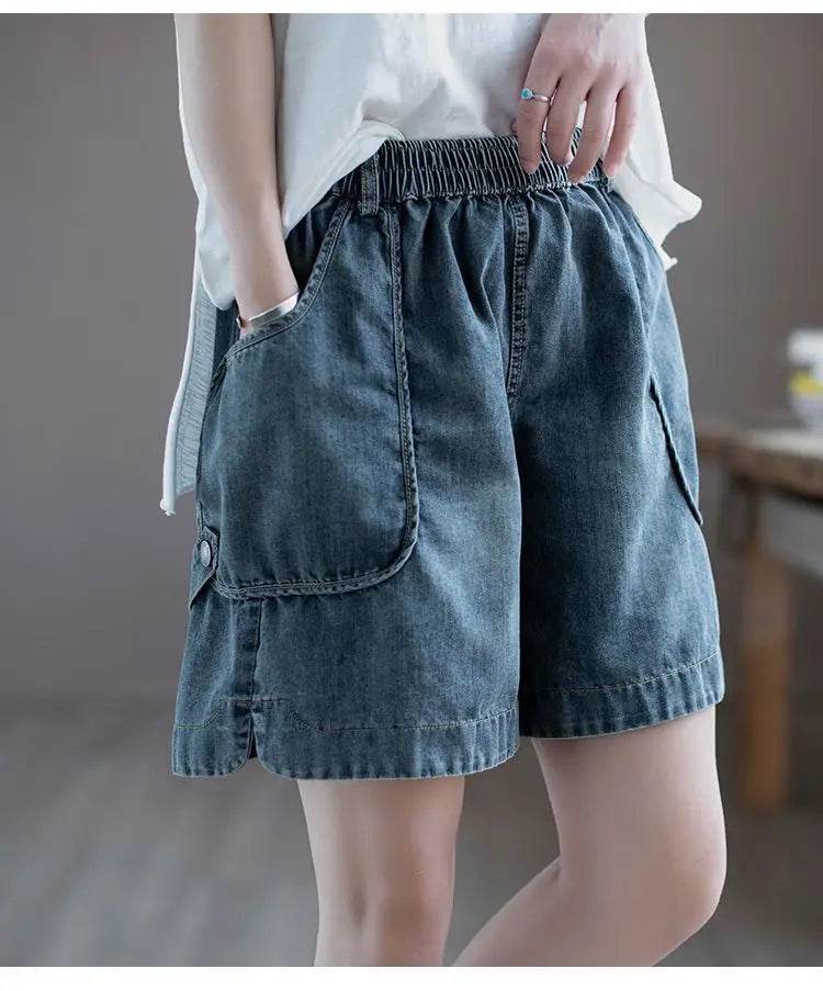 Summer Thin High-waisted Retro Denim Shorts for Women Loose Mid-pants New Wide-leg Large Pocket Five-point Pants - AIAZ