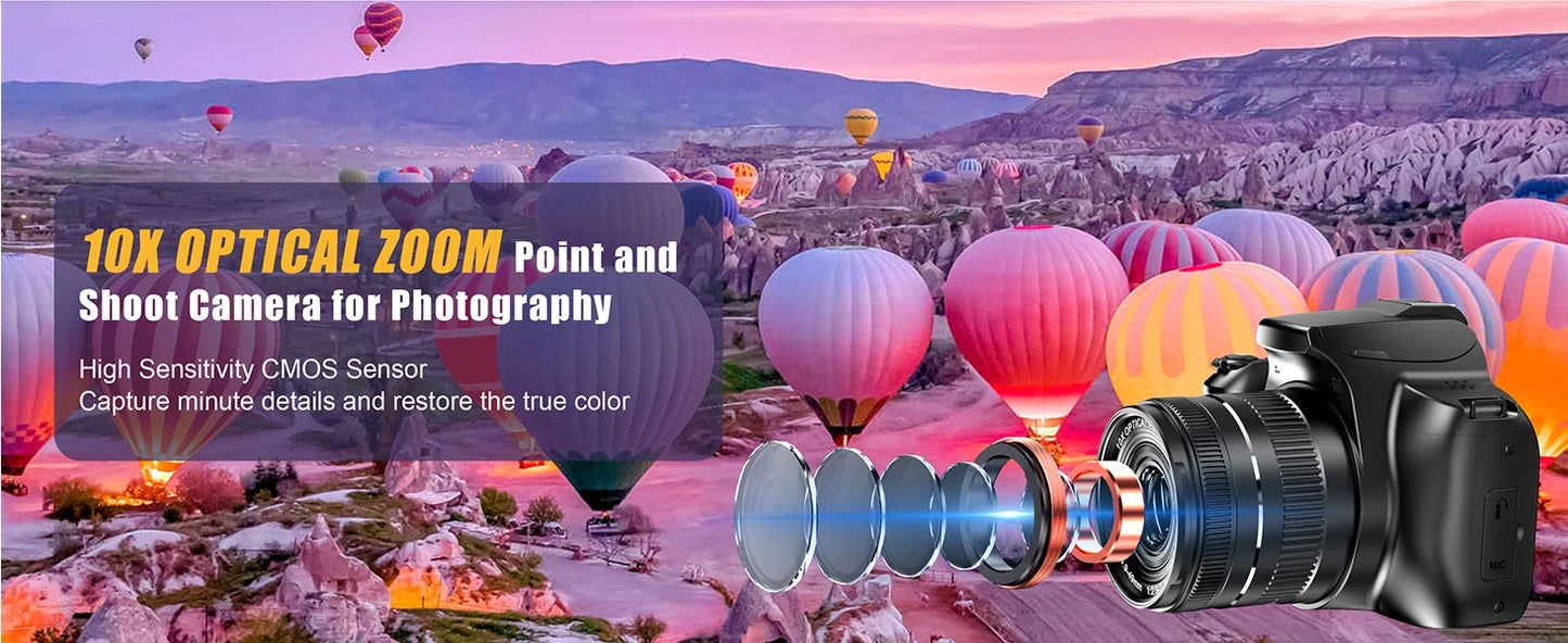 10X Optical Zoom Camera 64MP Digital DSLR Camera for Photography 4K HD Youtube Video Vlog Camcorder Auto Focus Webcam SLR Camera