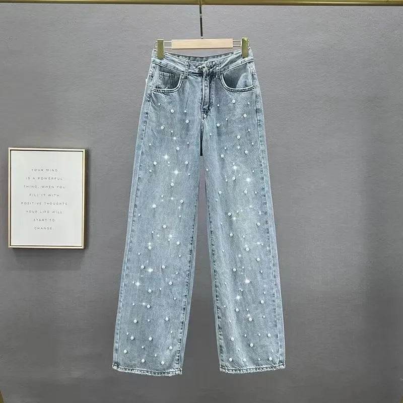 Denim Pants Fashion Beaded Jeans Wide-Leg Pants Female Tide 2025 New Spring And Summer High Waist Loose Mop Pants - AIAZ