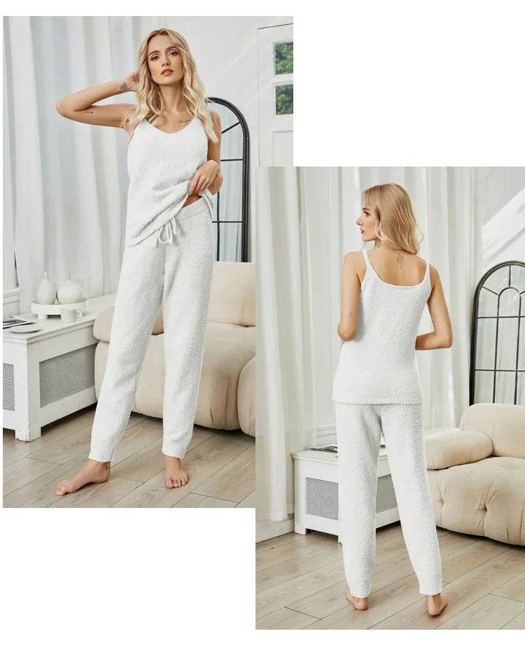 Pajamas for Women Pajama Sets Sexy Knitted Suspender Pajamas Autumn Winter Warm Solid Color Half-edge Velvet Suit Home Clothes - AIAZ