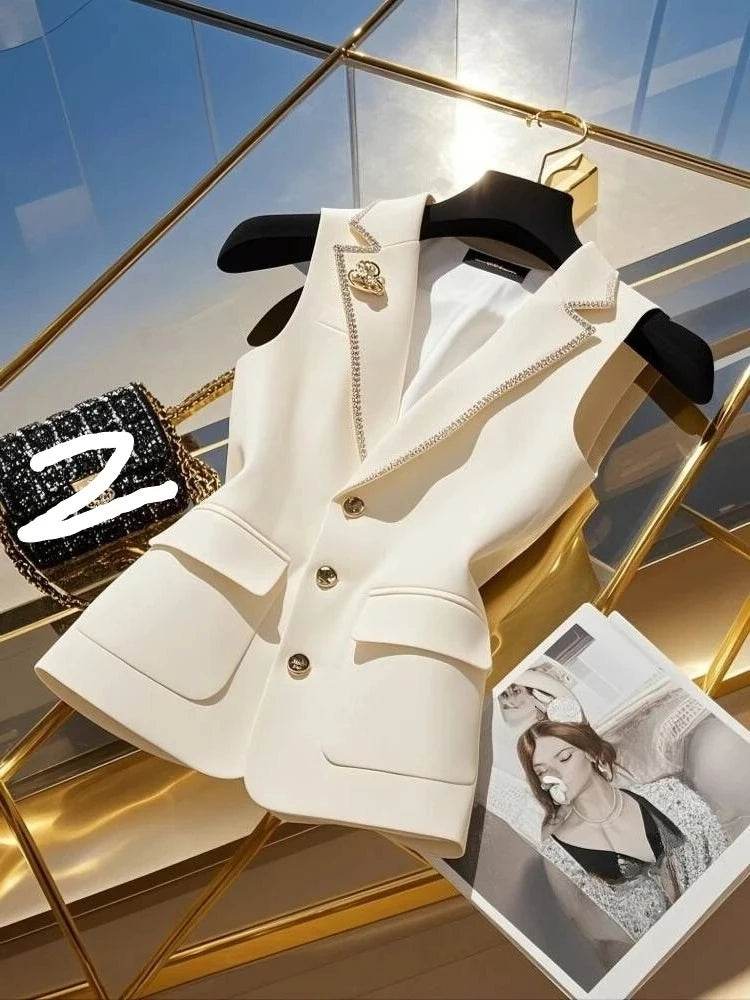 French Elegant Fashion White Suit Vest Women Clothing Summer New High Waist Elegant Slimming Sleeveless Coat Office Lady Clothes - AIAZ