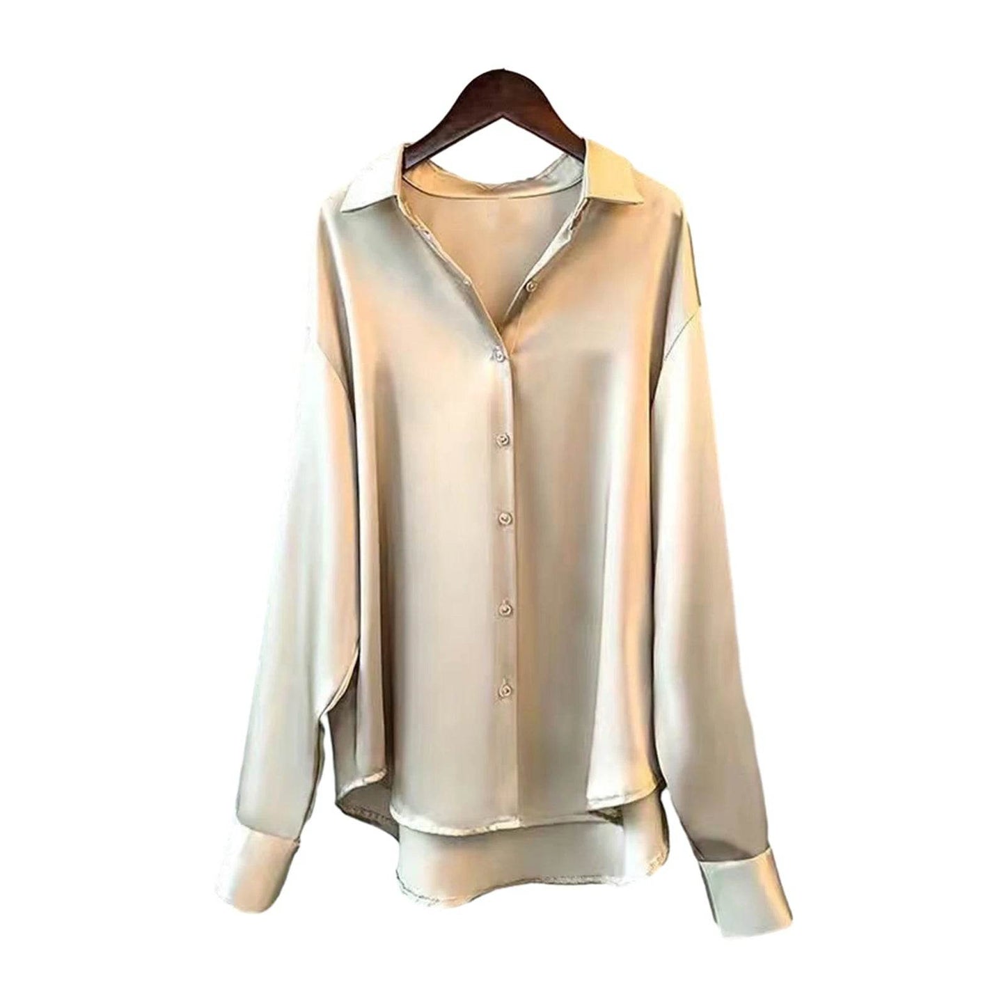 Soft Business Shirt Elegant Silky Satin Women's Spring Fall Blouse with Turn-down Collar Long Sleeve Single-breasted for Formal - AIAZ