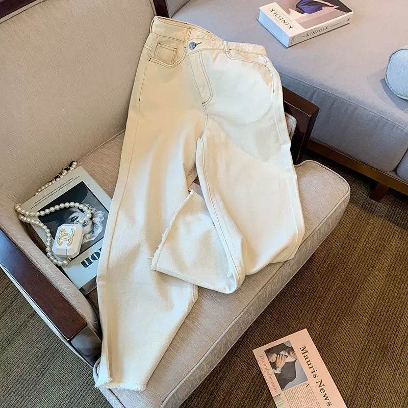 White Jeans For Women Spring High Waist Fashion Flower Design Straight Denim Pants Chic Loose Wide Leg Casual Trousers - AIAZ