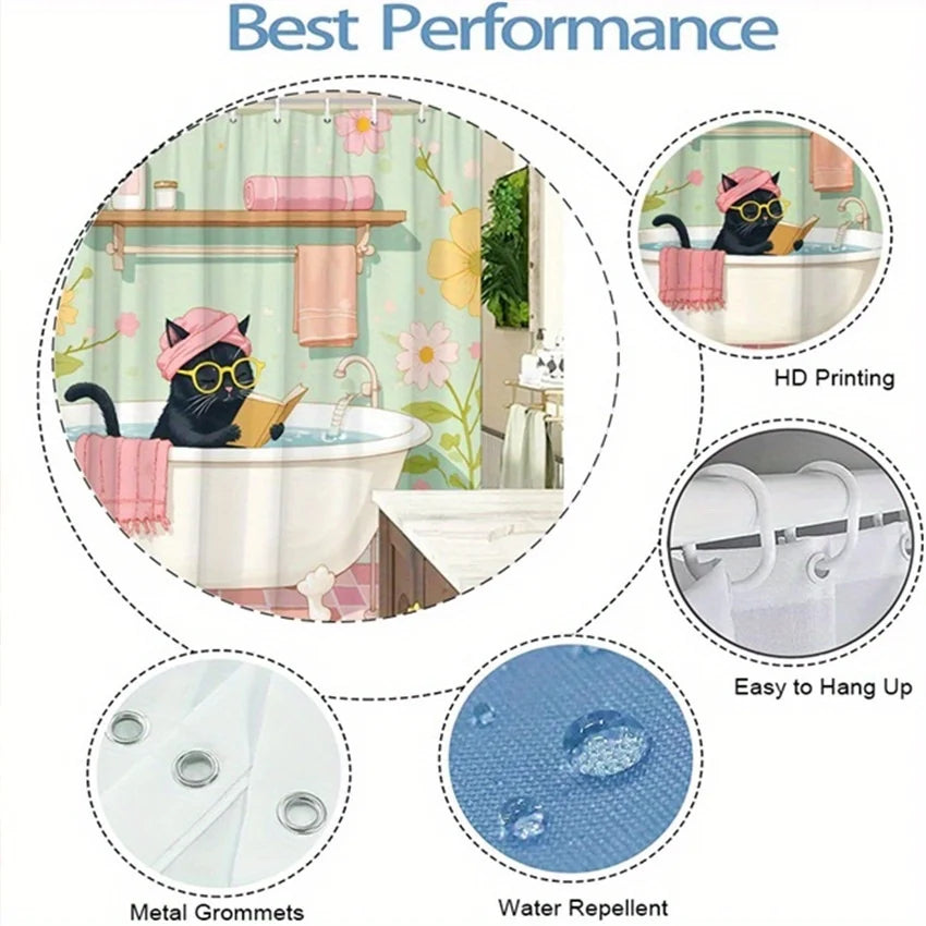 Adorable Cat in Bathtub Shower Curtain - Water-Resistant Fabric for Bathroom - Ideal for Whimsical and Pet Lovers