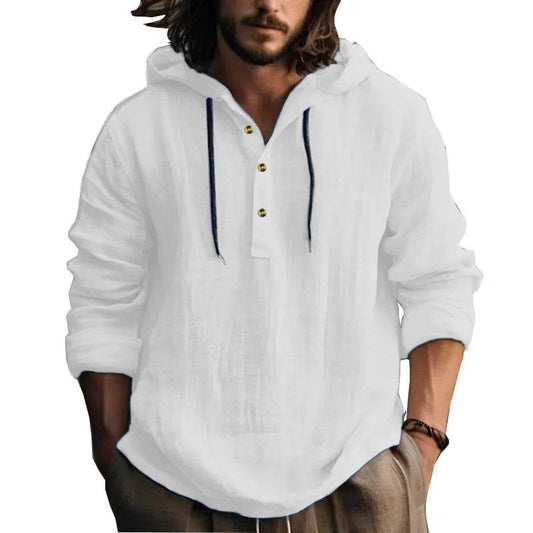 24 New cotton and linen shirts hooded loose large size casual sweater long sleeve hoodie men - AIAZ