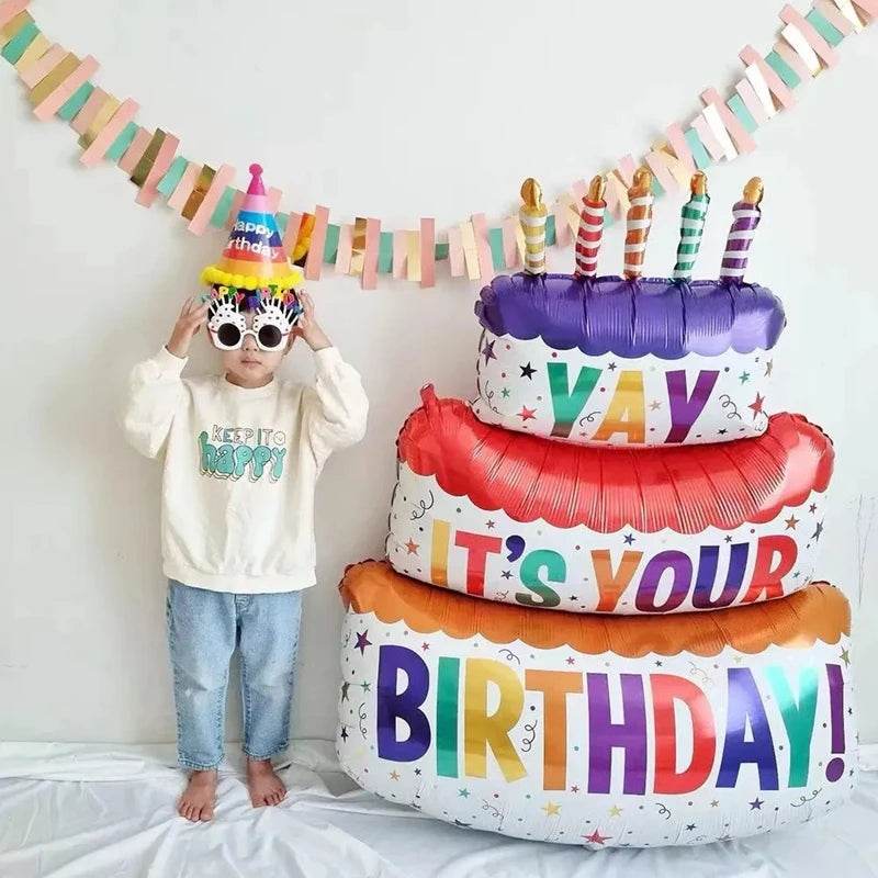 Large Birthday Cake Foil Balloons Cartoon Bear Cake Balloon Kids Toys Happy Birthday Party Decoration Supplies Photo Props INS - AIAZ