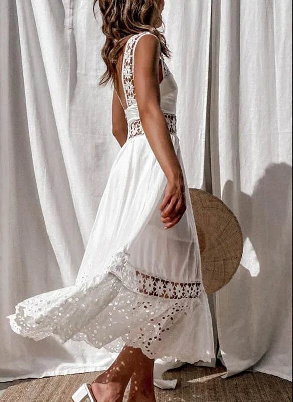 Women's Dress White Hollow Out Cotton Sundress Lace Sleeveless Long Splicing Summer Party Elegant Evening Woman Skirt Clothing - AIAZ