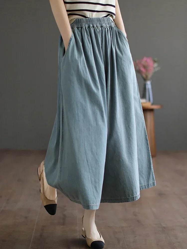 8215 Summer Trendy Wide Leg Jeans Skirts For Women New Design Straight Loose Casual Solid Color Elastic High Waist Denim Pants - AIAZ