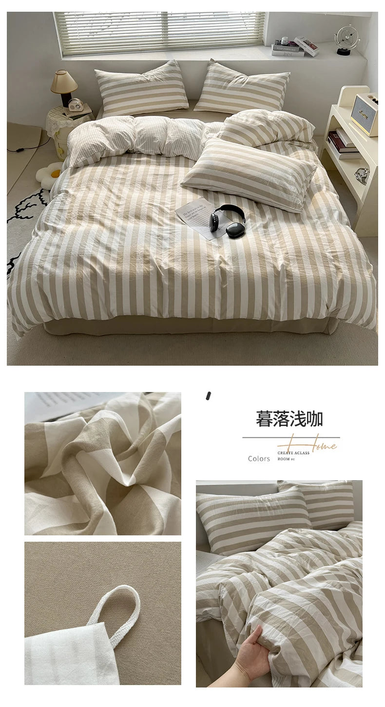 Washed Cotton Double Yarn Crepe Striped Quilt Set 3-4 Pillowcase with Sheet Bedding Cover Supplies 200x230 220x240 Skin Friendly