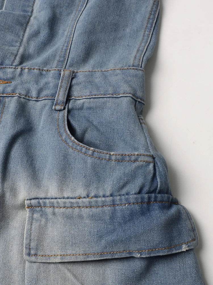 TWOTWINSTYLE Patchwork Pockets Streetwear Jumpsuits For Women Strapless Sleeveless Cold Shoulder High Waist Sexy Jumpsuit Female - AIAZ