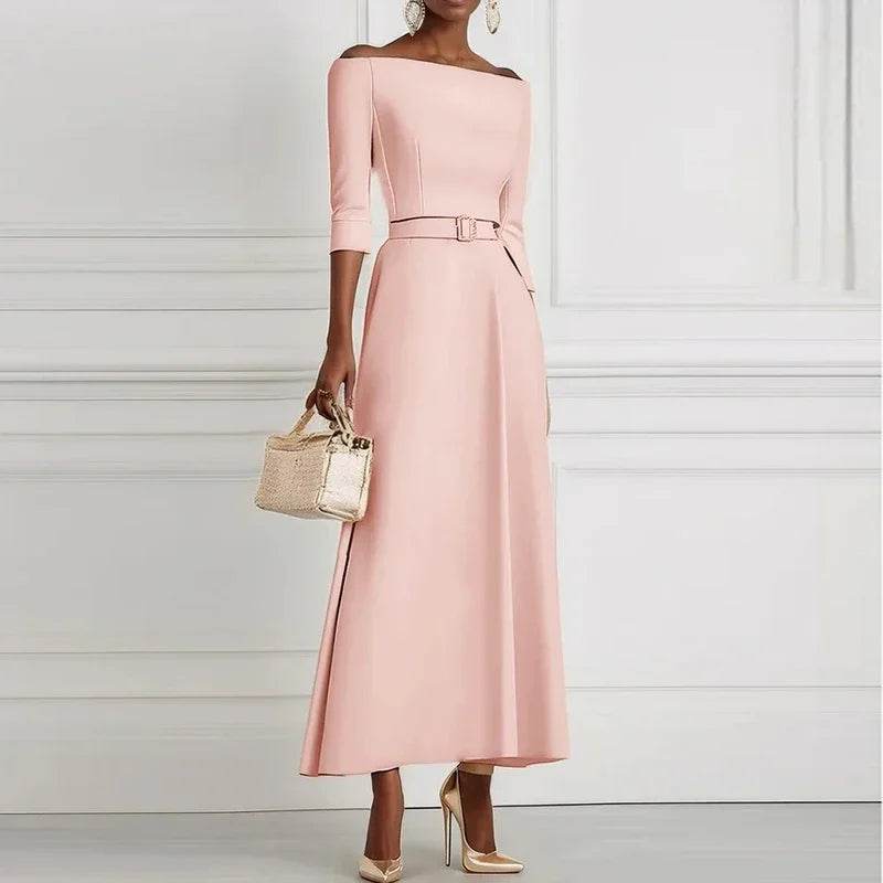 Elegant Party Dresses For Women One Shoulder Half Sleeve High Waisted A-Line Long Dress Women Offfice Dress White - AIAZ