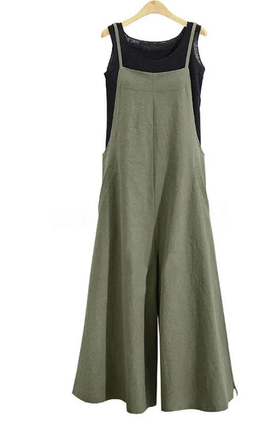 Women's Summer Sleeveless Jumpsuit Solid Color Wide Leg Bib Overalls Casual Loose Cotton Linen Straps Dungaree - AIAZ