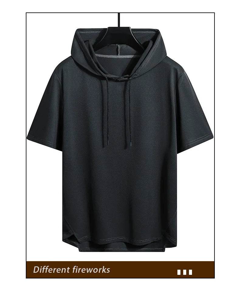 2025 Men's Summer Hoodies T-shirts Short Sleeve Solid Color Loose Hooded Drawstring Pullover Tops Basic Tees for Daily Wear Male - AIAZ