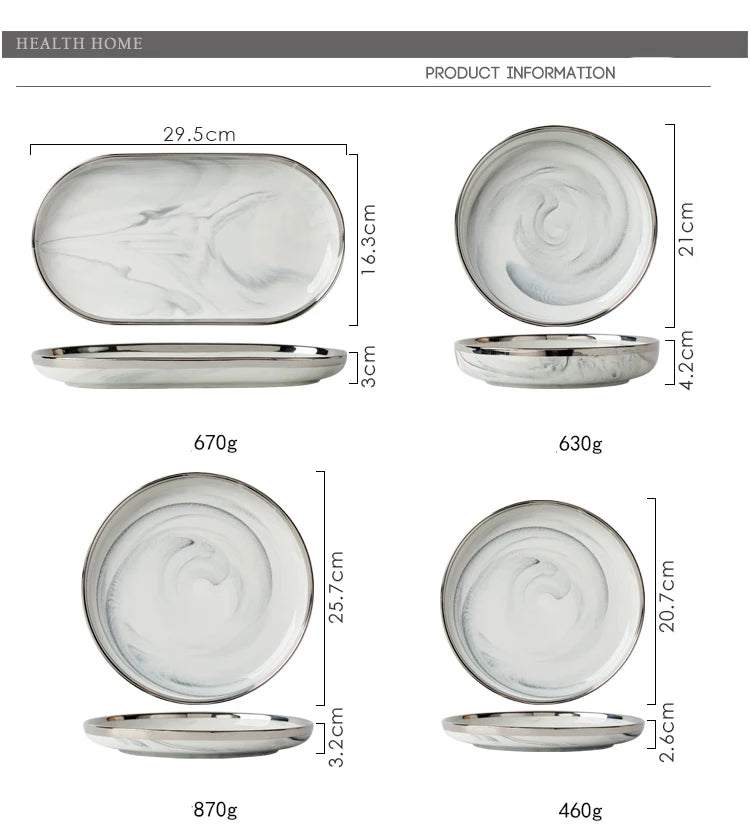 Light Luxury Ceramic Tableware Set Marble Fish Plates With Silver Rim Household Hotel LArge Capacity Soup Bowl Deep Plates