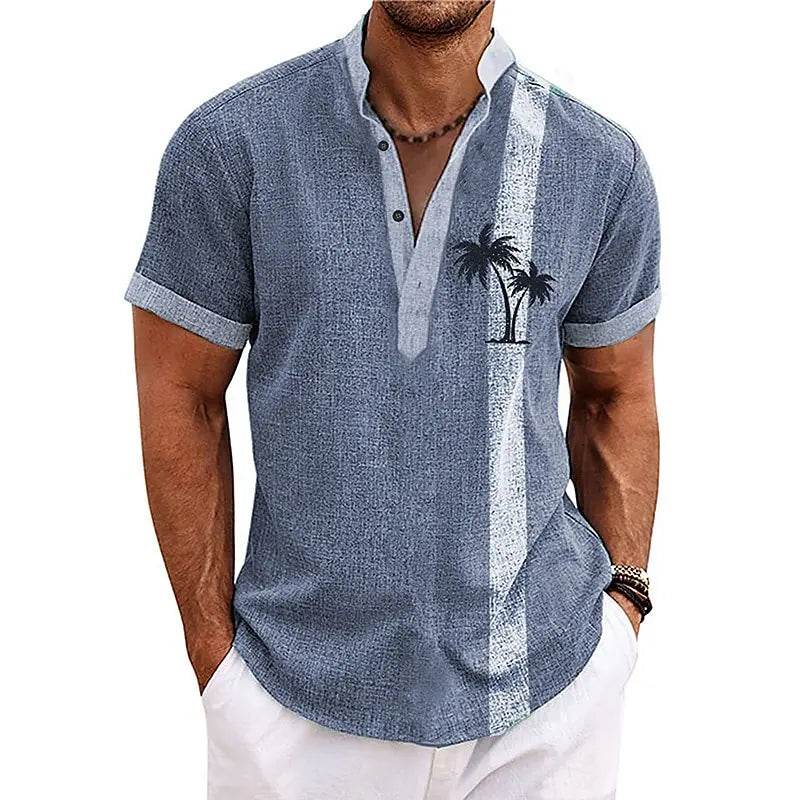 New Coconut Tree Striped 3D Print Henley Shirts Men's Oversized Button Stand Collar Short Sleeve T Shirt Tees Tops Man Clothing - AIAZ