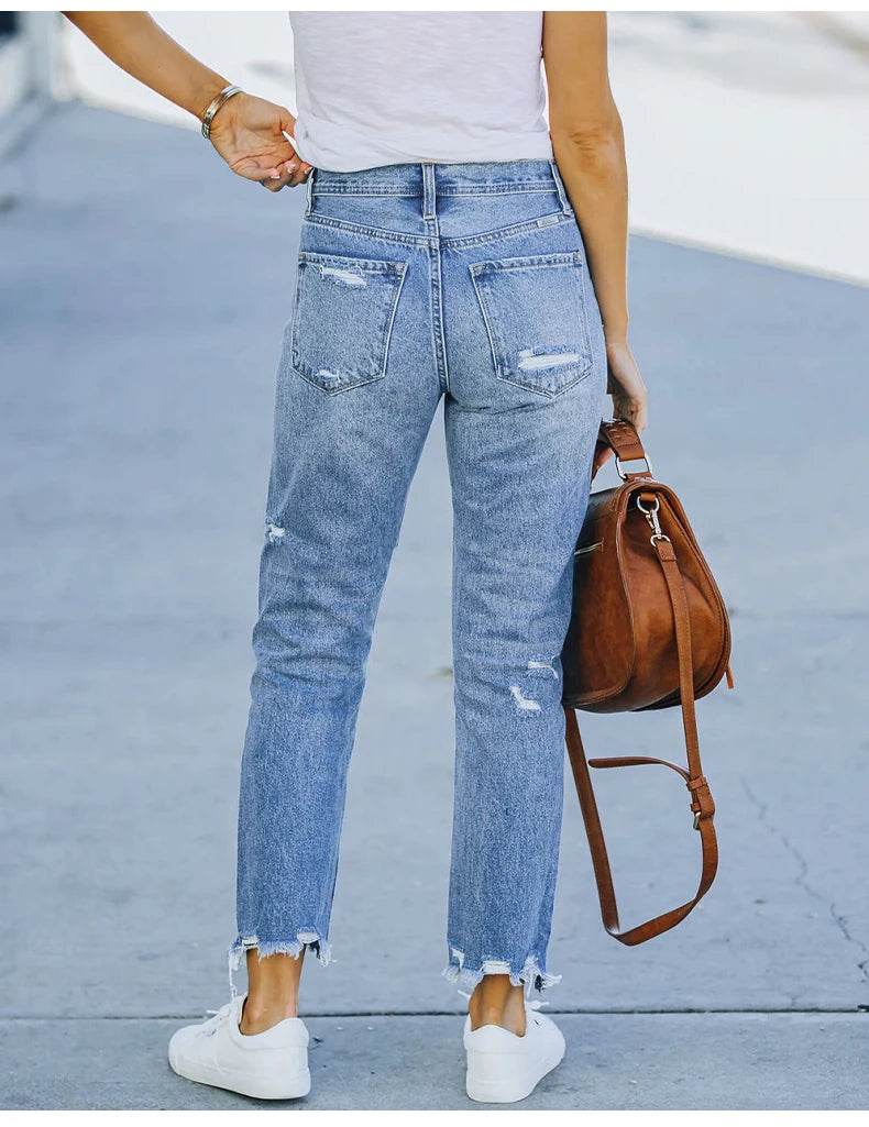 Stretch Women's Jeans 2023 Trend Blue Hight Waist Ripped Casual Fashion Streetwear Denim Pencil Pants - AIAZ