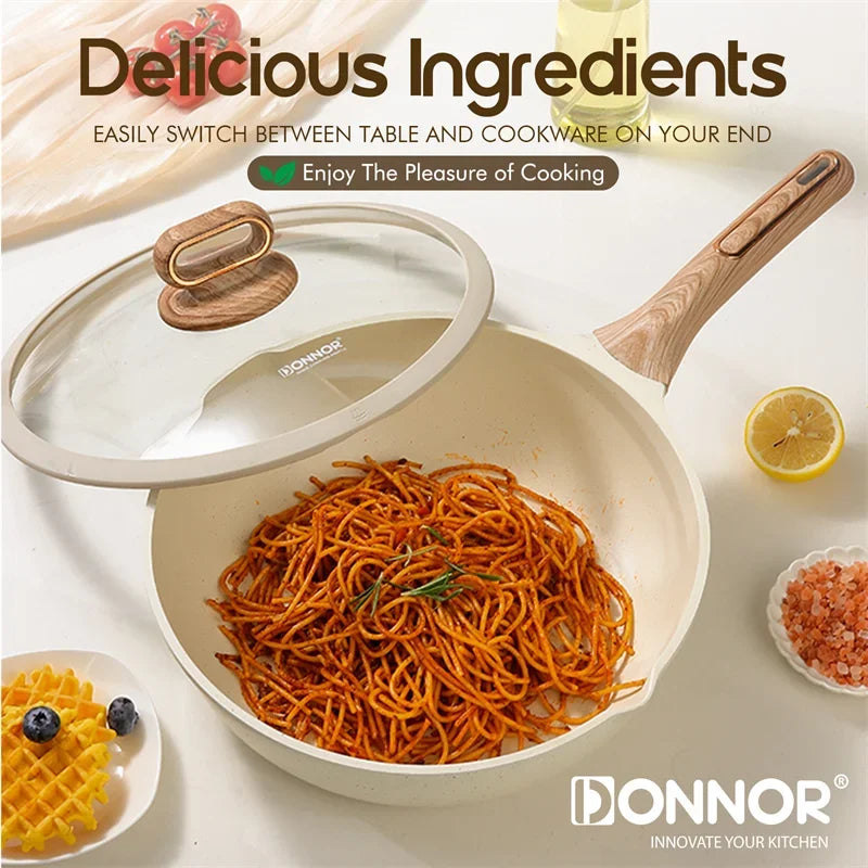 DONNOR 16Pcs/set Pot Set Home Nonstick Beef Steak Frying Pan Stewed Pot with Silicone Spatula and Glass Lid Kitchen Cookware Set