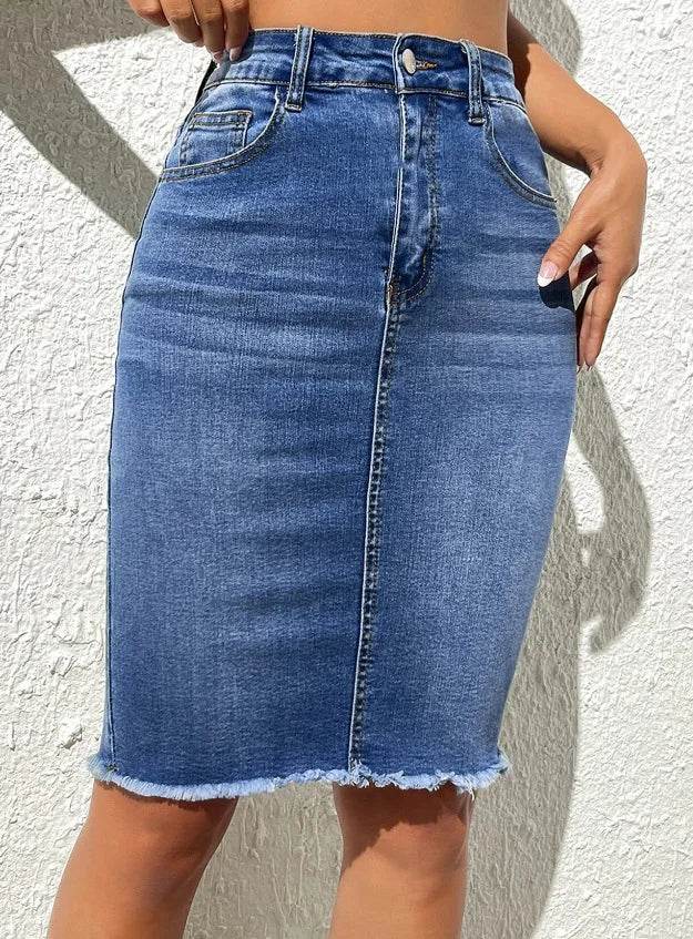 Skirts Women Denim Skirt Mid Length Slim Fit Solid High Waist Casual Regular Elegant Splice Hip Wrap Button Pocket Summer - AIAZ