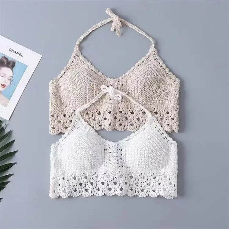 Women Beach Crop Tops Hollow Cover-Ups Perspective Tassel Sexy Spaghetti Strap Swinwear Built In Bra Backlless Halter Neck - AIAZ