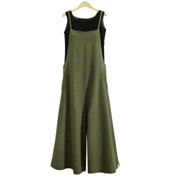 Women Straps Jumpsuit Summer Solid Color Wide Leg Pants Dungaree Bib Overalls Casual Loose Sleeveless Cotton Linen Jumpsuits 5Xl - AIAZ