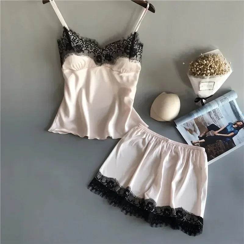 Women Pajama Suit Fashion V-Neck Stretch Satin Babydoll Lace Sexy Lingerie Bowknot Pyjamas Sleep Shorts Set Sleepwear New - AIAZ
